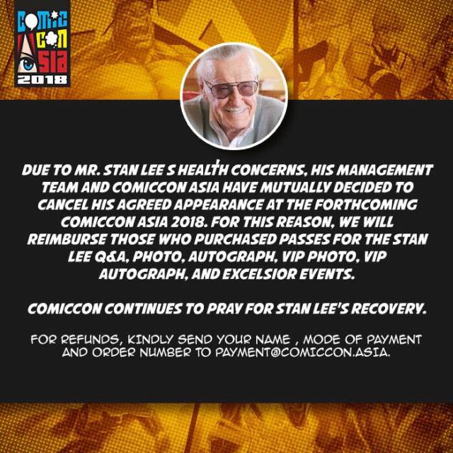史丹李因健康顧慮確定取消菲律賓跨國動漫展「ComicCon Asia」活動