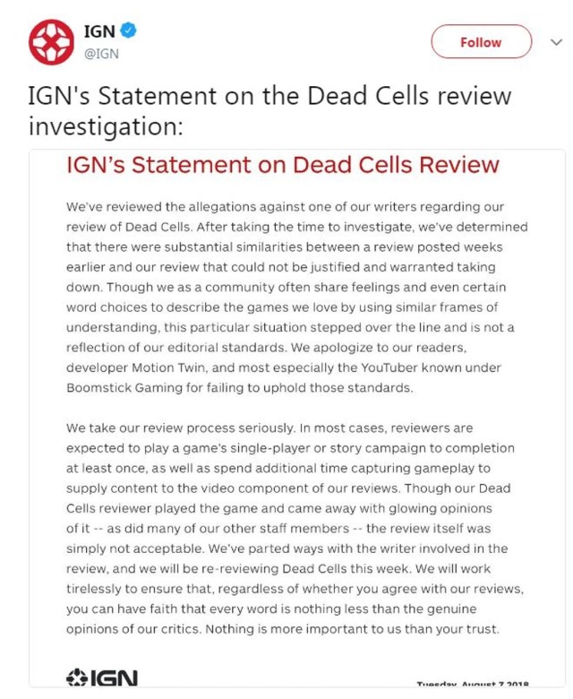 用想法類似當藉口的人注意！！！知名美國娛樂網站ＩＧＮ終於對《死亡細胞》評論抄襲爭議做出決定