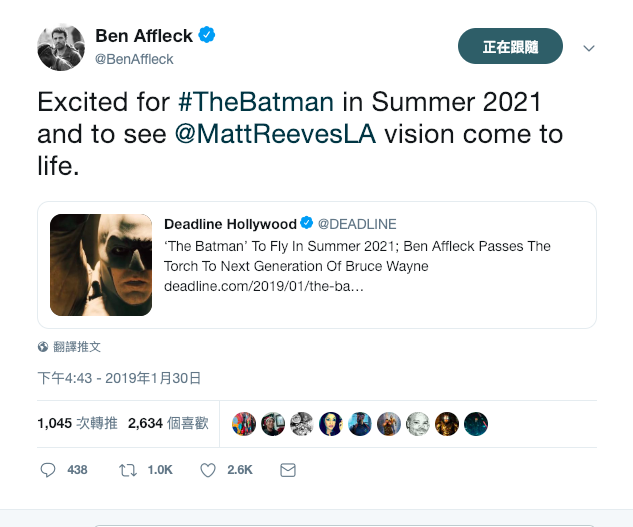 新《蝙蝠俠》導演談最新進度及華納DC電影方針！班艾佛列克確定卸任？
