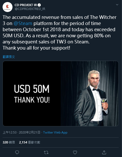 銷售更上一層樓！《巫師3》在 Steam 一年來的收入總計高達將近 5000 萬美元