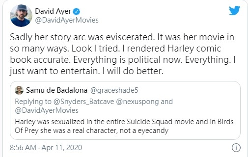 《自殺突擊隊》導演大衛艾亞坦言當初哈莉的故事線被「政治正確性地刪減」