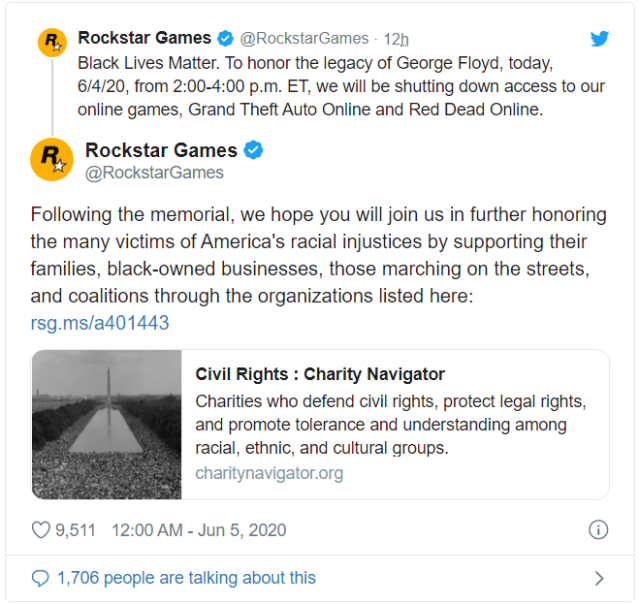 與黑人同胞同在！「佛洛伊德之死」事件使得Rockstar旗下遊戲的線上模式停機兩小時