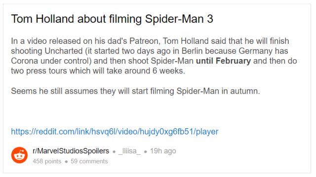 爆雷王又爆雷！湯姆霍蘭德親自證實《蜘蛛人3》的拍攝將於明年年初完成！