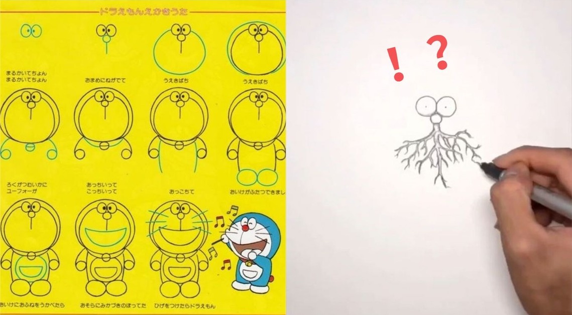 這跟我想的不太一樣！推主照著「哆啦A夢繪畫歌」畫畫，但畫出來的這些東西到底是什麼啊！？