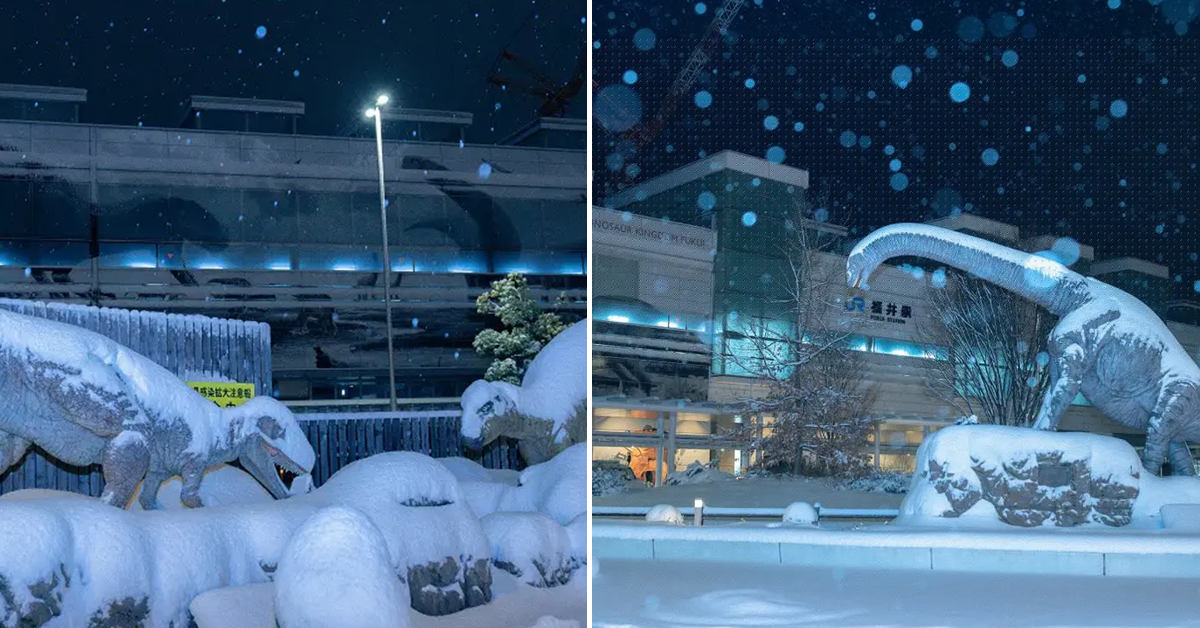 「恐龍車站」JR福井車站外恐龍受大雪覆蓋  網友讚 : 冰河期來臨完全重現