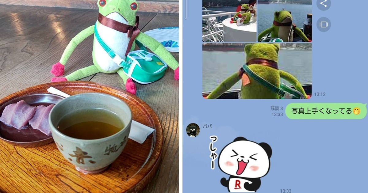 推主老爸出遊帶著「青蛙娃娃」當旅伴拍照  網友大讚 : 好可愛的父親...！
