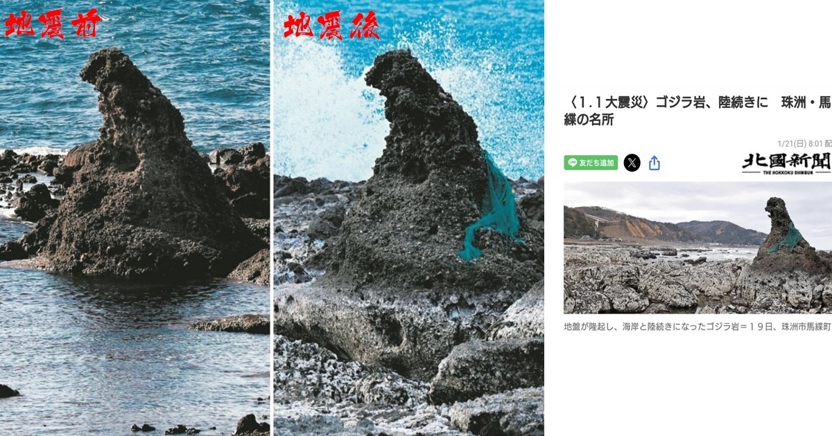 怪獸之王登陸？ 能登半島地震後發現當地名勝「哥吉拉岩」更加隆起躍昇地面了
