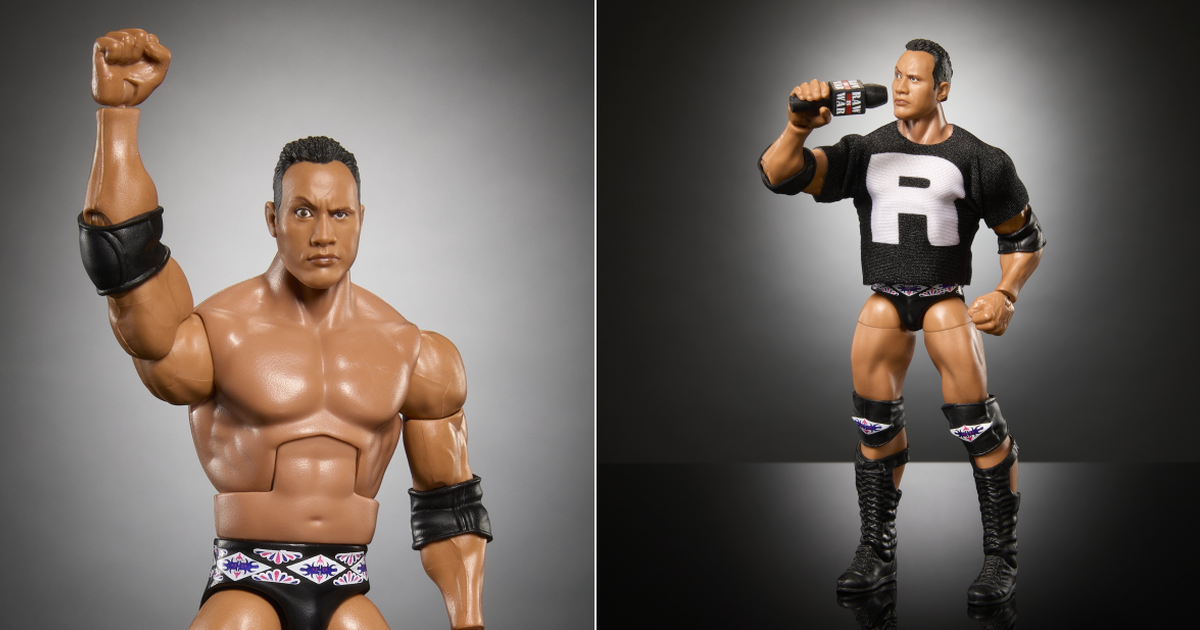 Mattel WWE Elite『週一夜大戰 巨石強森』6 吋可動人偶，開戰前嗆聲造型還原經典的挑眉表情！