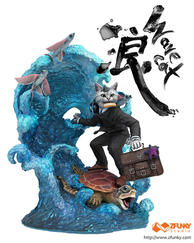 乘著海龜，破浪前行的帥氣上班族貓！ ZFunky Studio 職貓系列【浪浪貓】Career Cat Wave Cat​​ 未上色＆透明套件
