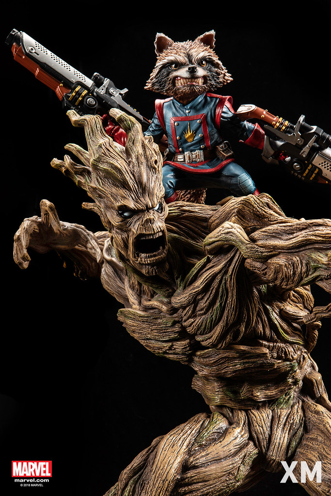 火箭雖然一臉兇樣，但還是可愛到不行～ XM Studios Premium Collectibles 系列 Marvel【火箭＆格魯特】Rocket and Groot 1/4 比例全身雕像作品