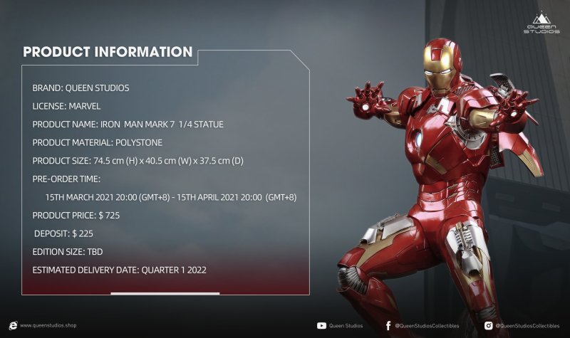 Queen Studios《復仇者聯盟》鋼鐵人馬克7（Iron Man Mark 7）1/4 比例全身雕像