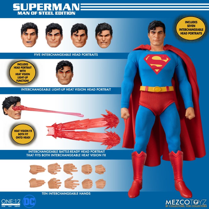 MEZCO TOYZ ONE:12 COLLECTIVE 系列 DC【超人 - 鋼鐵英雄版本】Superman - Man of Steel Edition 1/12 比例可動人偶 豪華七頭雕陣容登場！