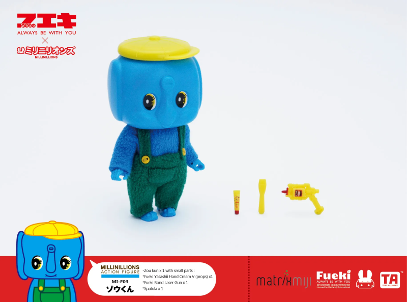 Fueki 不易糊工業 × MILLINILLIONS「糨糊黃小狗、糨糊粉紅兔、糨糊藍大象」1/18 比例可動人偶