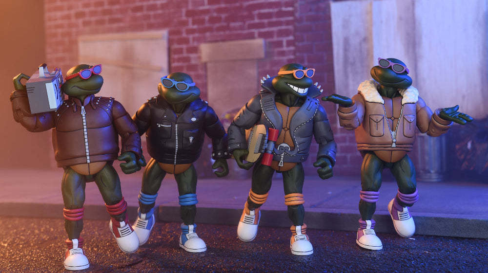 NECA『《忍者龜》龐克偽裝烏龜』 7 吋可動人偶套組,經典動畫版登場的龐克頭造型立體化!