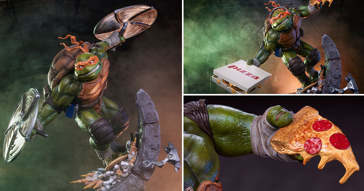 PCS TMNT Legends「米開朗基羅」（Michelangelo）1/3 比例全身雕像 揮舞雙節棍或外送披薩任你決定！