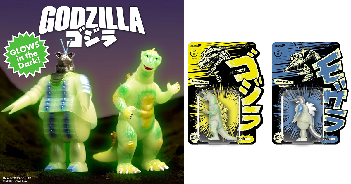 SUPER7 東寶 ReAction Figures《哥吉拉的逆襲》哥吉拉（1955）夜光版、《地球防衛軍》摩傑拉 夜光版 3.75 吋吊卡玩具