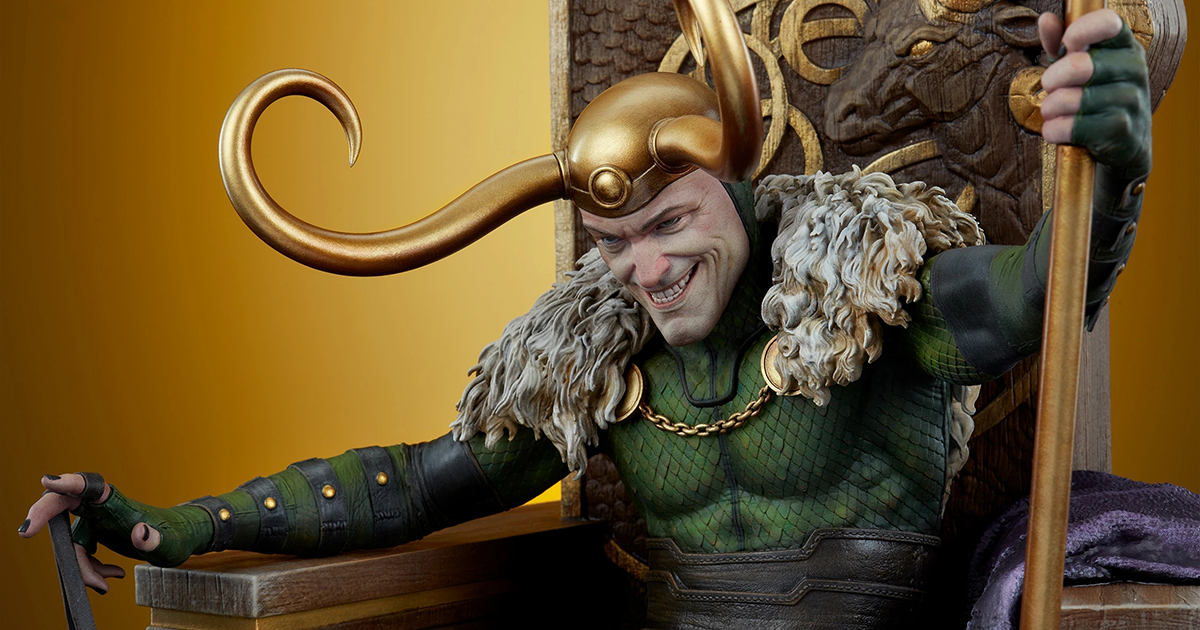 SIDESHOW MARVEL「洛基」全身雕像 腳踩奧丁頭盔的惡作劇之神登上王座！
