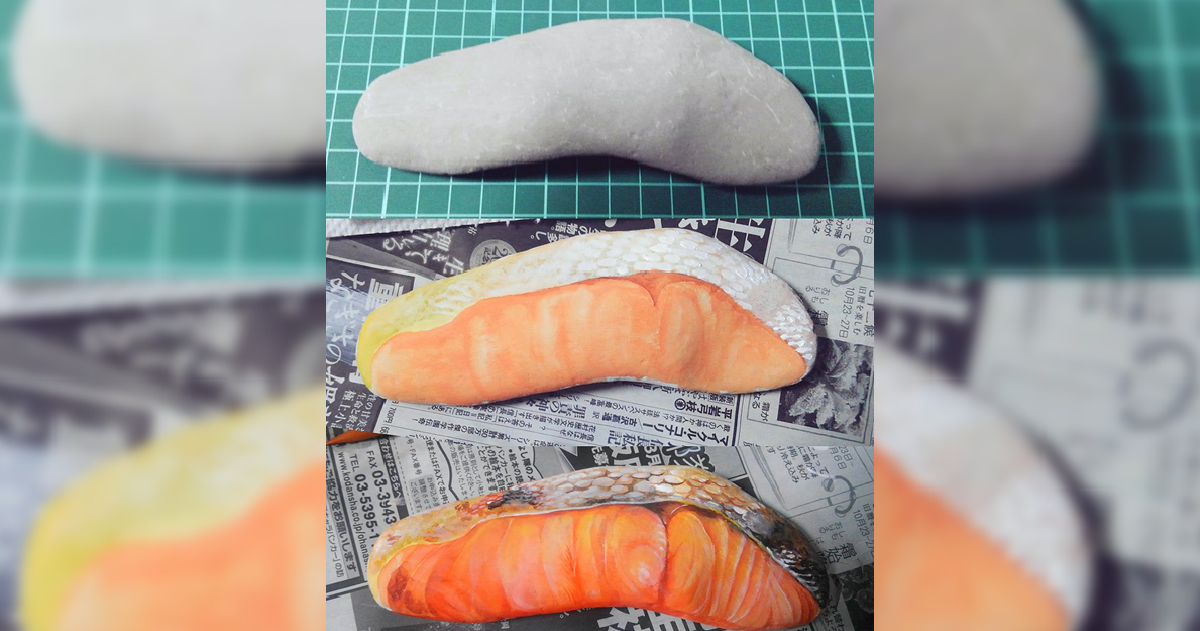 看起來超美味！插畫家用執念打造「烤鮭魚」石頭彩繪創作 逼真程度讓網友驚 : 看了都餓了...