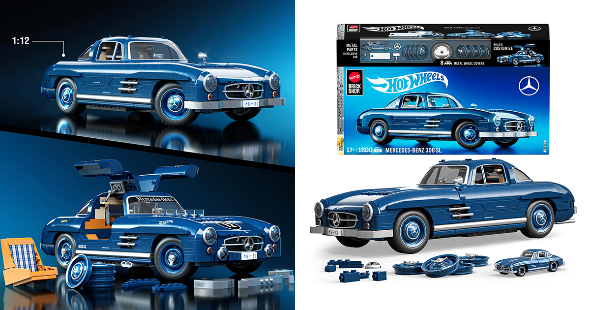Mattel Brick Shop「梅賽德斯-賓士 300 SL」1/12 比例積木模型車 同時還有 1/64 比例的小汽車＆展示盒！
