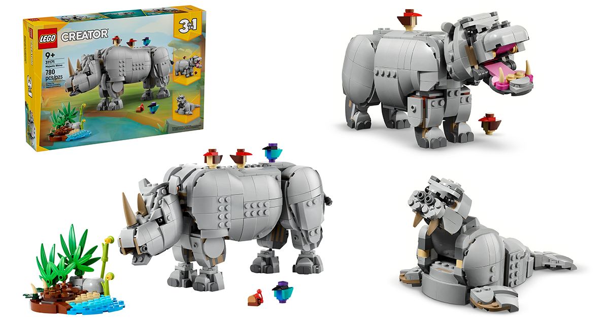 LEGO 31171 創意系列「野生動物：雄壯犀牛和小鳥」（Wild Animals: Majestic Rhino with Birds）還有體態圓潤的河馬、海象！