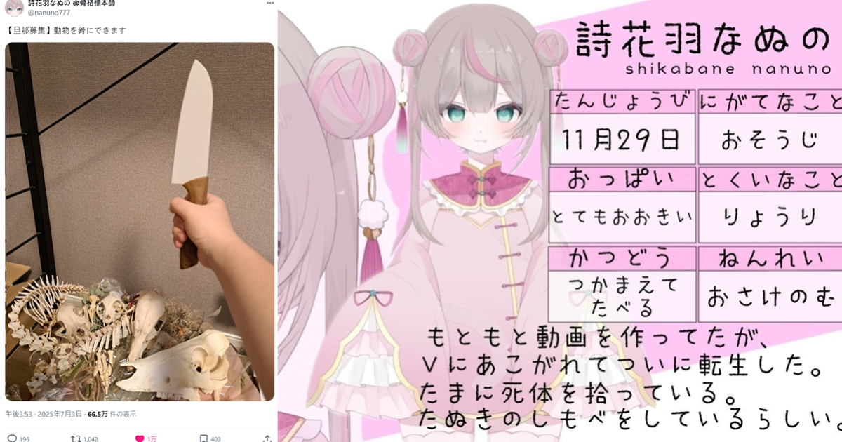 「我會把動物變成骨頭」骨骼標本系VTuber徵婚文引爆話題 粉絲開玩笑 : 老公會作成標本嗎？