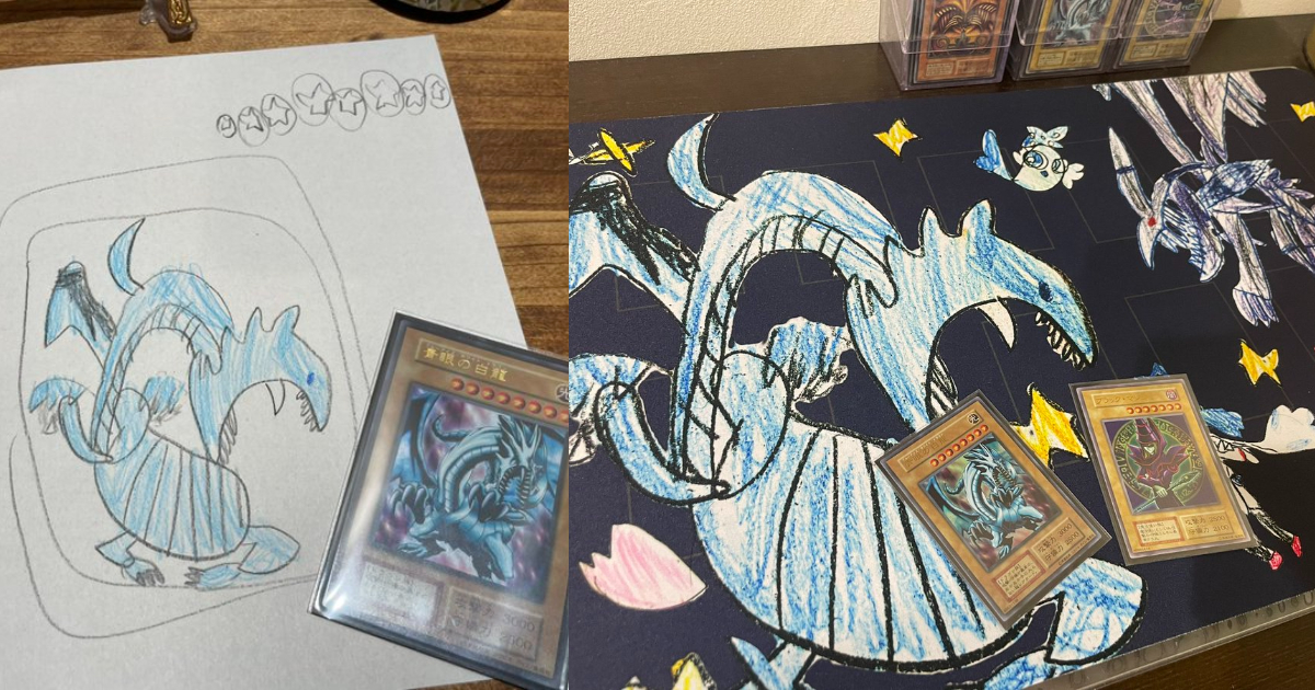 小一女兒畫的「青眼白龍」插圖被推主製作成《遊戲王》對戰卡墊  網友絕讚：女兒畫技有靈魂！
