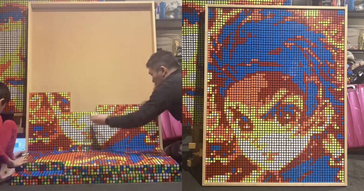 藝術家父子檔用魔術方塊拼出《鬼滅之刃》創作  數百顆精準配色還原炭治郎臉龐！