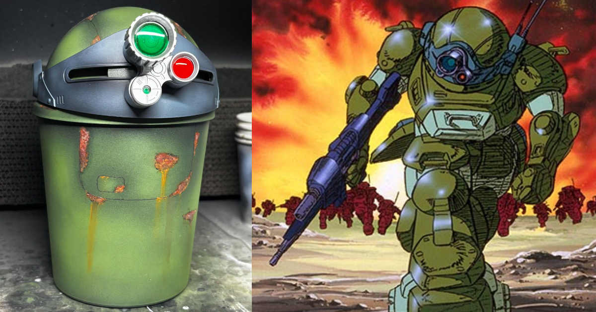 推主用百元商店垃圾桶改造成《裝甲騎兵》眼鏡鬥犬造型  頭部造型加生鏽塗裝獲讚賞！