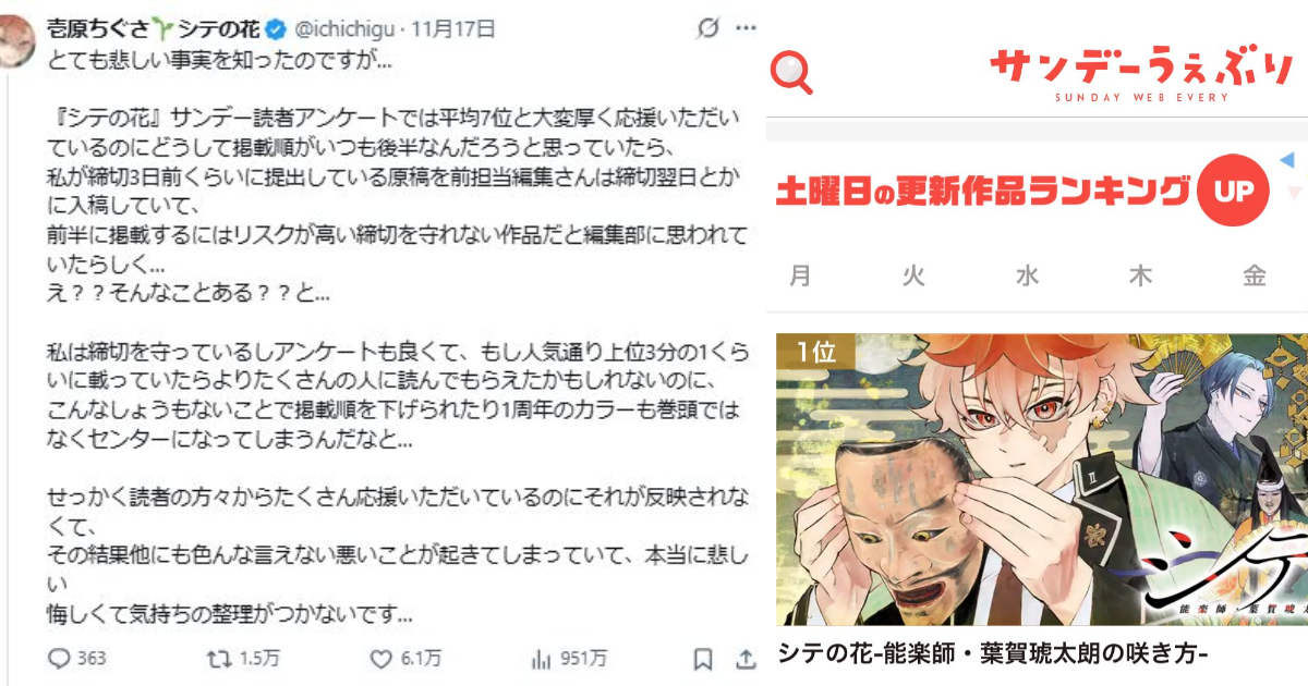 《週刊少年Sunday》漫畫家吐苦水「刊載順序讓人費解」引關注 爆問題編輯讓他遭不平待遇