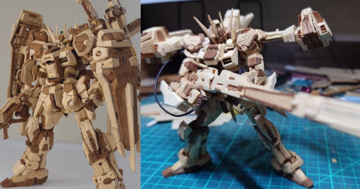 X User Recreates "Mobile Suit Gundam SEED" Strike Gundam Entirely from Scrap Wood, Even Building the Striker Pack System!