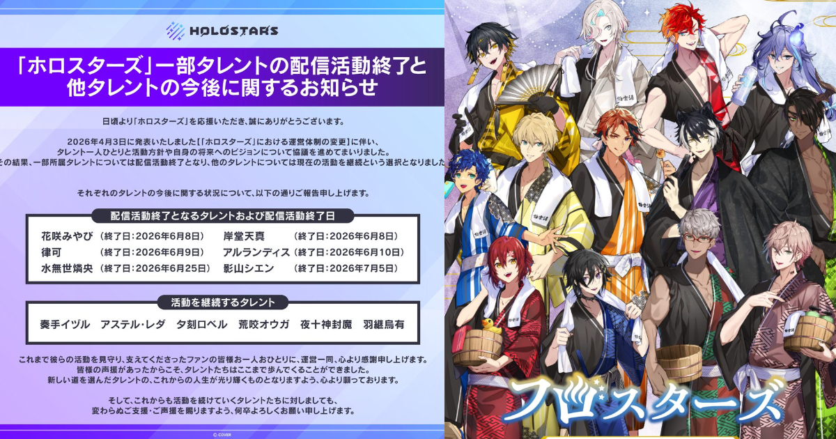 「Holostars」確定六位成員將結束活動 砍半剩下六位繼續留在Cover體制
