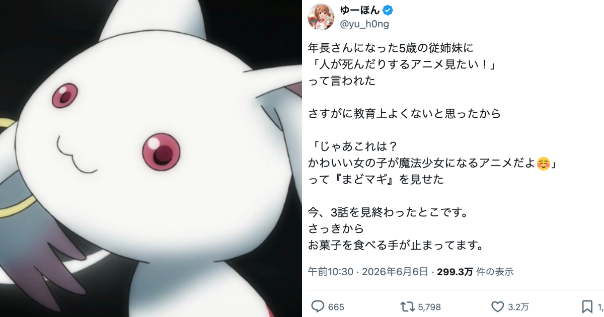 5歳のいとこが「誰か死ぬアニメ」を所望！ → 投稿主が『まどマギ』を見せたら…ネット民「野生のキュゥべえかよ！」