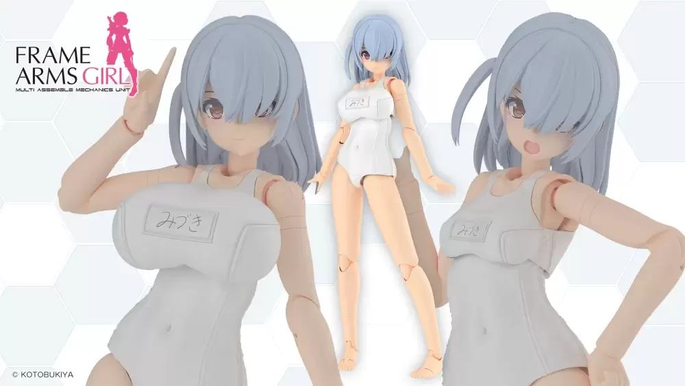 Kotobukiya Unveils Frame Arms Girl Mizuki School Swimsuits White Ver. with New Hair, Body, and Face Parts!