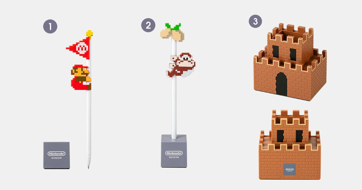 Nintendo Museum Unveils 8-Bit Mario and Donkey Kong Jr. Ballpoint Pens with Super Mario Bros. Fortress Pen Stand